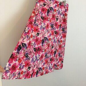 Vintage FLORAL MIDI Skirt Womens 12 Pink Purple BRIGHT MOD Full FLOWY Zip